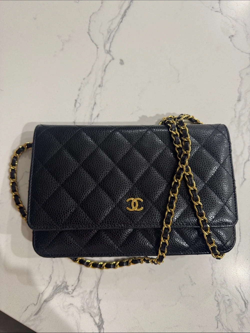 CHANEL wallet on chain Black Quilted Caviar Leather Gold Chain